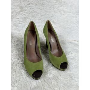 Boss Orange Veera Shoes Womens Size 7 Green Suede Peep Toe Heels Italy Pumps